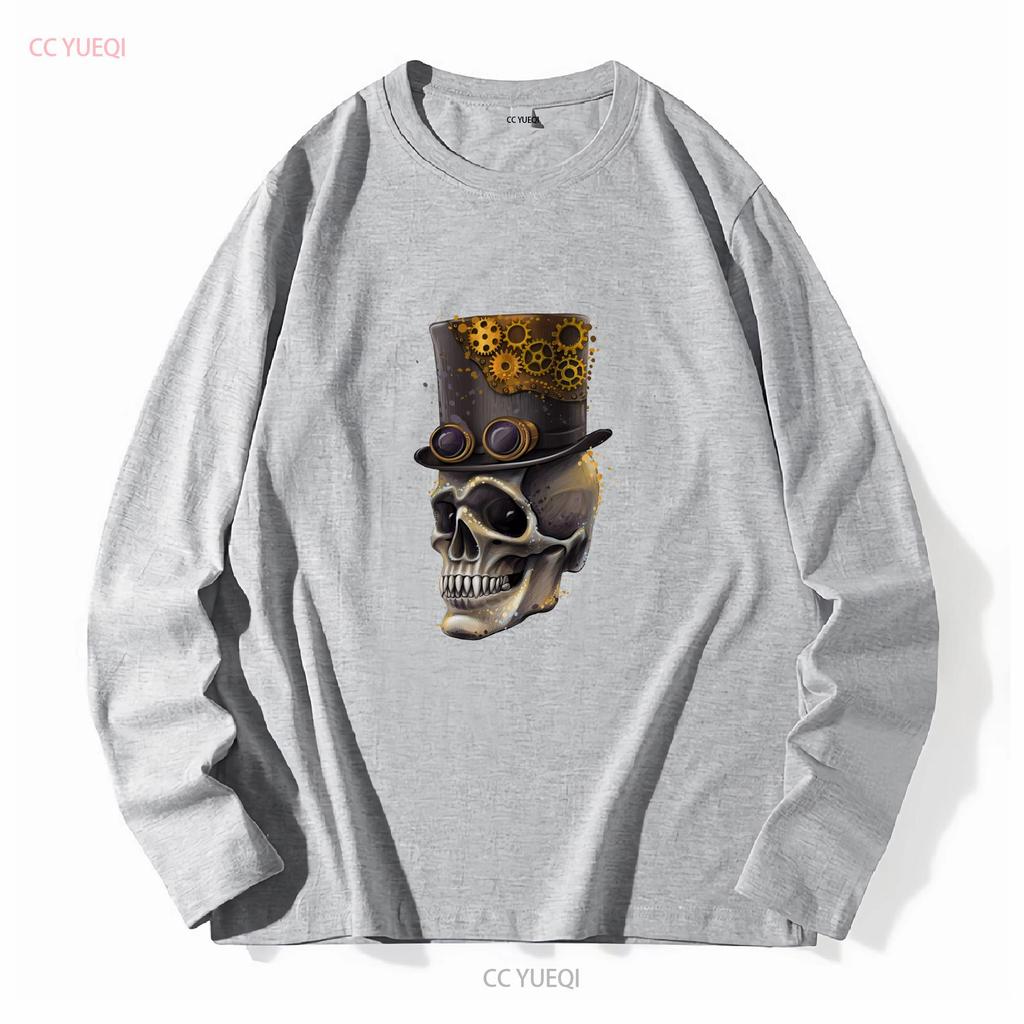 Steampunk Skull Unisexs Cotton T Shirt Top Long Or Short Sleeves Vintage Washed Versatile Top For Everyday Wear Stylish