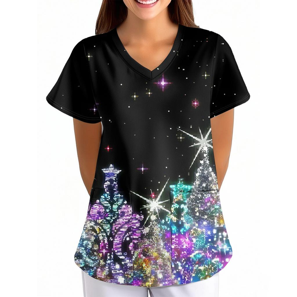 Plus SizePrinted Scrub Working Uniform Tops For Women's Cross V-Neck Print Short Sleeve Fun T-Shirts Workwear Tee With Pockets