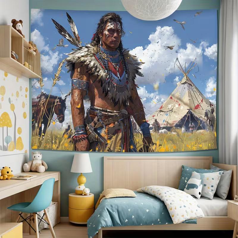 2D Indigenous Warrior Tapestry, Western Prairie Scene Background Cloth for Room Aesthetic