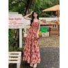Japanese Rose Retro Floral Suspender Skirt New Temperament Waist Dress Summer French Hepburn Style Long Dress