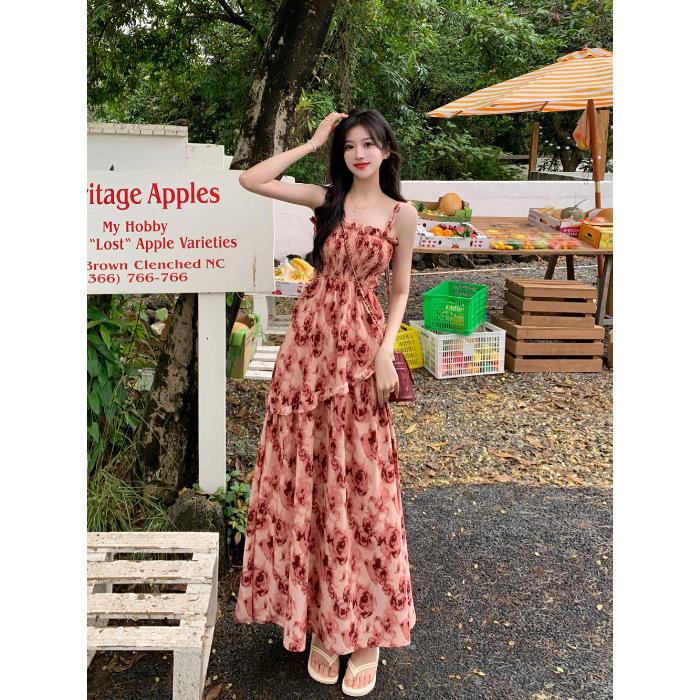 Japanese Rose Retro Floral Suspender Skirt New Temperament Waist Dress Summer French Hepburn Style Long Dress