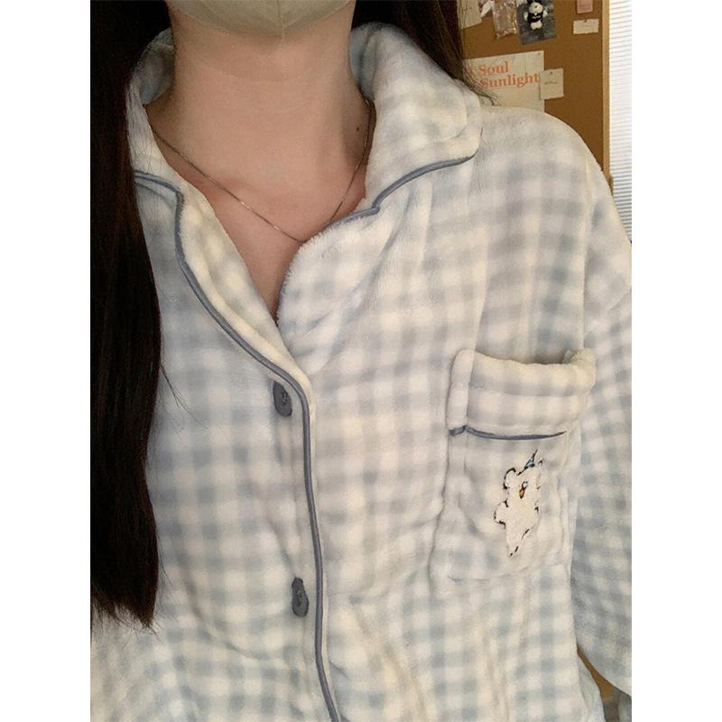 Women s Plus Size Flannel Pajama Set - Autumn/Winter Thick Cardigan Style with Lapel M-L