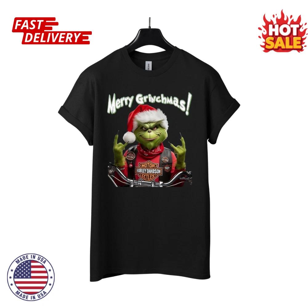 Merry Grinchmas Inspired Shirt Grinch with Harley Davidson Christmas Graphic Tee S