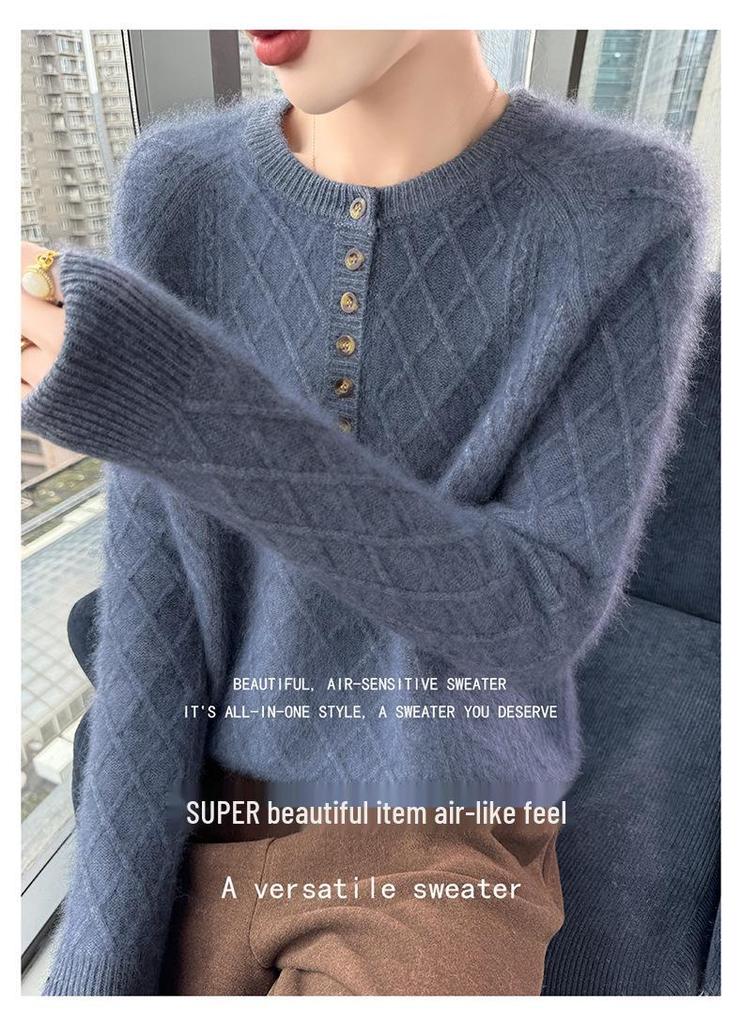 Lekasha 100% Cashmere Mink Velvet Seven-Button Cable Knit Sweater