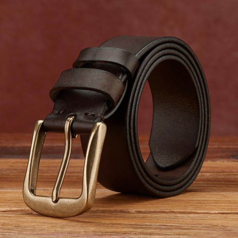 Retro Fashion Personality Trend Handmade First Layer Pure Cowhide Belt Men'S Genuine Leather Copper Buckle Korean Version Casual Denim Belt