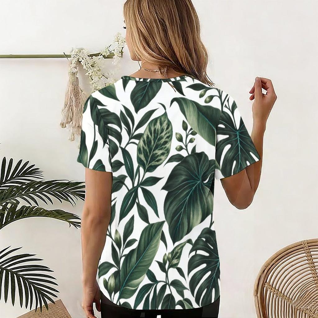 Women Plus Size U Neck Short Sleeve Tropical Floral Leaf Printed T Shirt Curved Hem Casual Tops