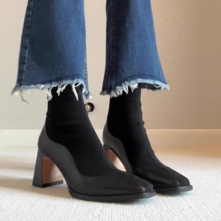 

Французские винтажные комбинированные коричневые эластичные облегающие ботильоны женские с квадратным носком на молнии сзади на высоком каблуке короткие ботильоны ботильоны-носки 41