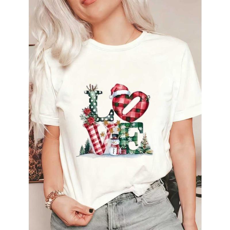 

Рождественская футболка оверсайз черная с принтом Love Christmas с оленем, снеговиком и клетчатым сердцем, праздничная одежда для вечеринки XXXXL белый