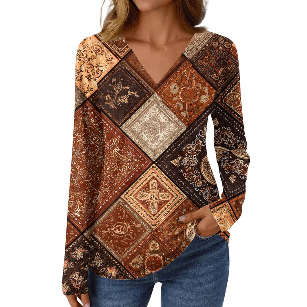 Women's Casual Fashion Brushed Retro Floral Print Long Sleeve V-Neck Top T-Shirt