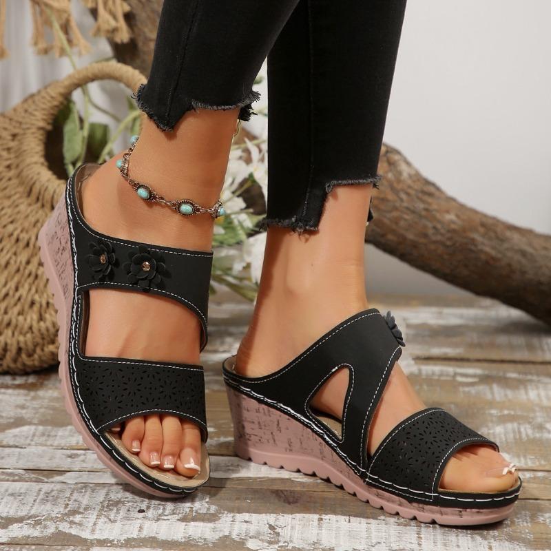 New women's sandals platform-soled wedges flower hollowed-out large-size sandals one-character cool slippers