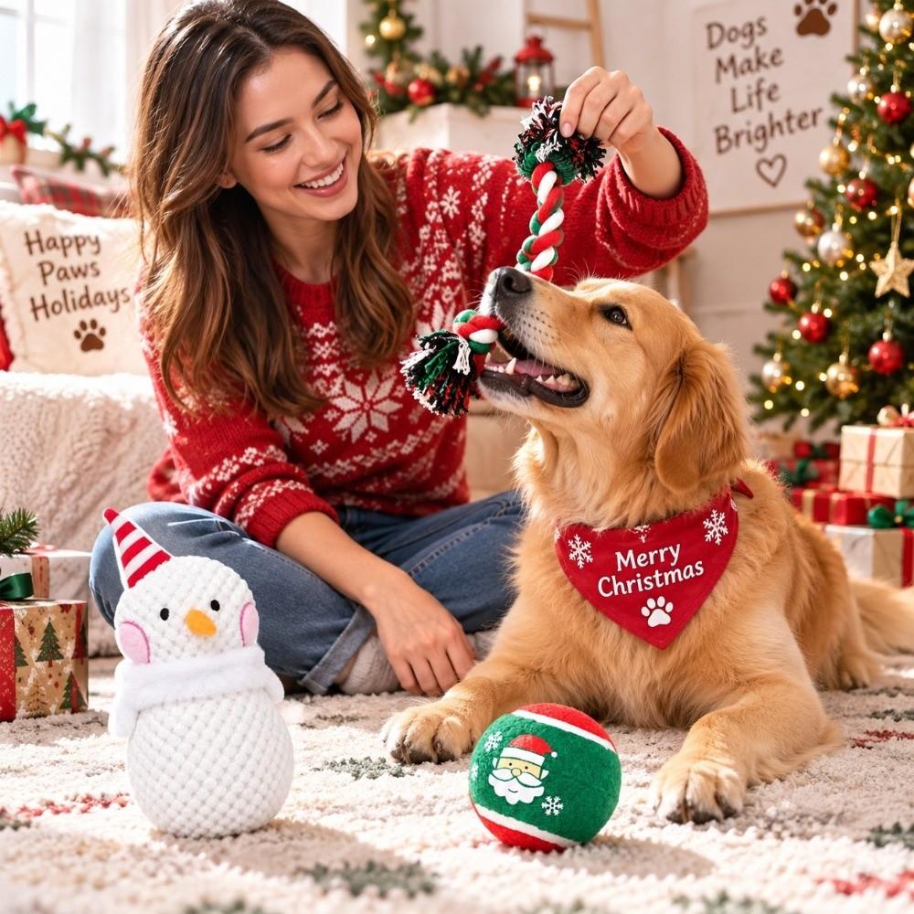 3pcs Xmas Tree Pet Chew Toy Ball Christmas Santa Pet Toy Festive Puppy Biting Toy Large Dogs