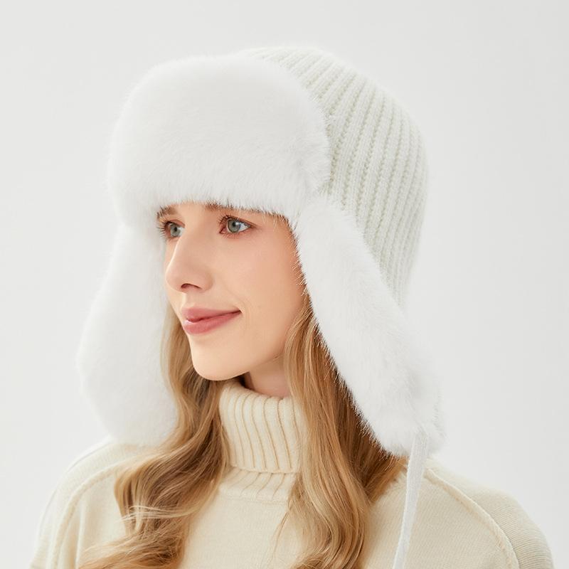 Lei Feng Hat Winter Women's Outdoor Riding Warm Hat Windproof and Cold Rabbit Fur Ear Hat