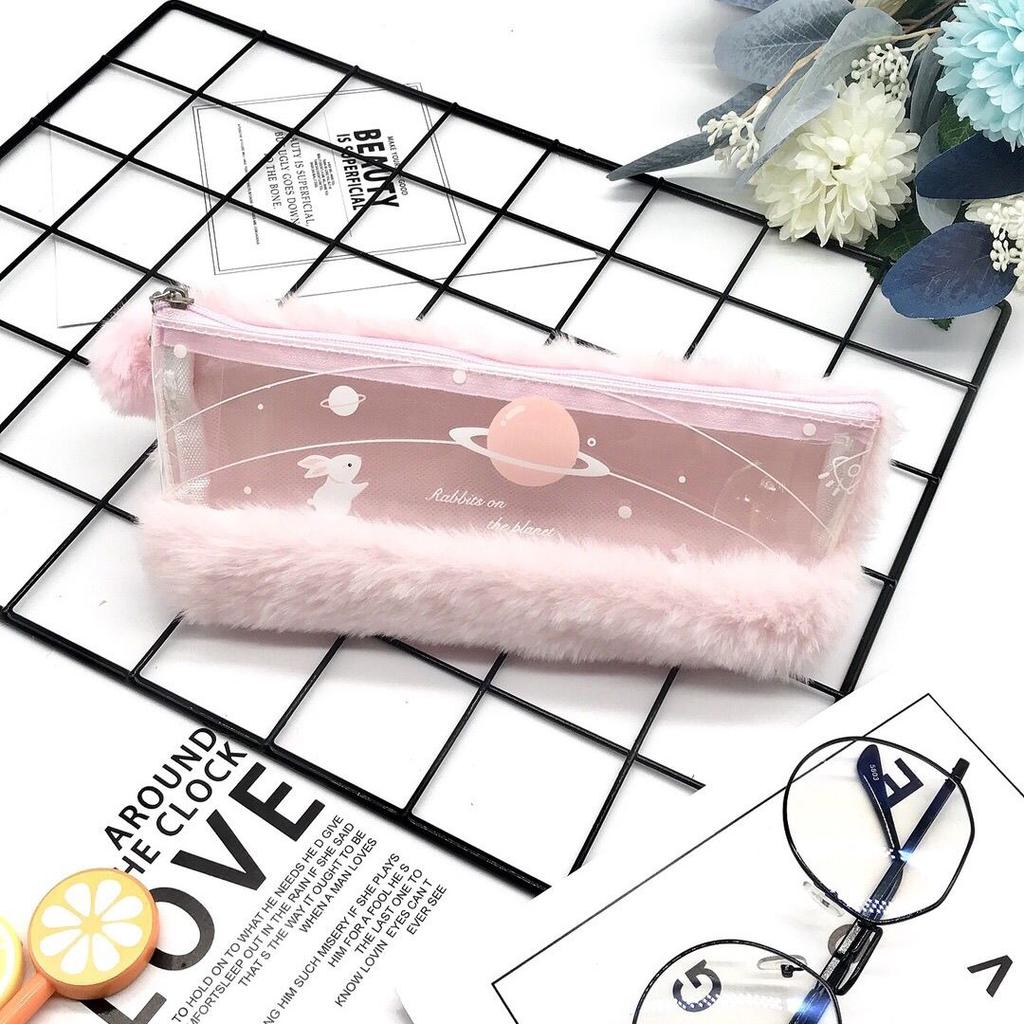 Minimalist Spliced Semi-transparent Pencil Case for Girls Rabbit Japanese-style Cute and Fashionable First-grade Fluffy Portable Stationery Storage