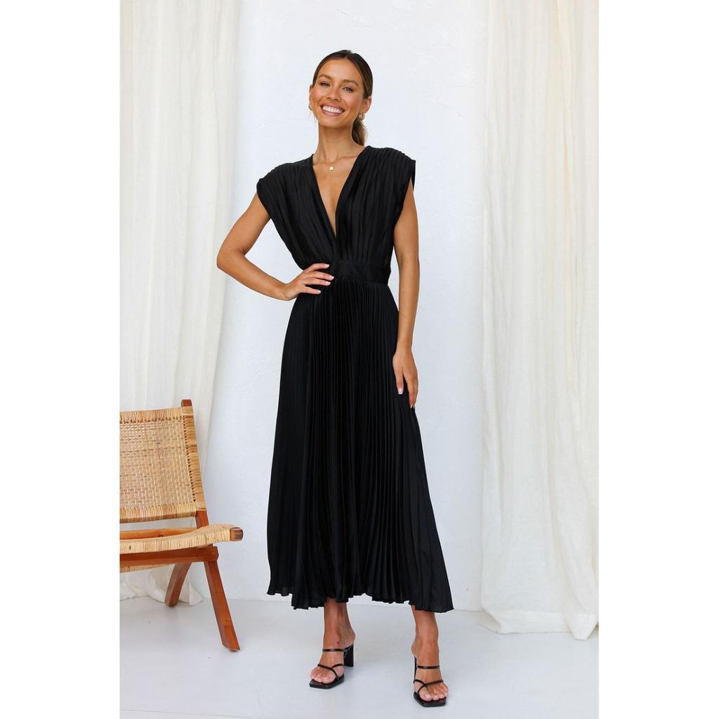 Women's V Neck Sleeveless Midi Dress Loose Mid Waist Pleated Satin Wedding Guest Sundress