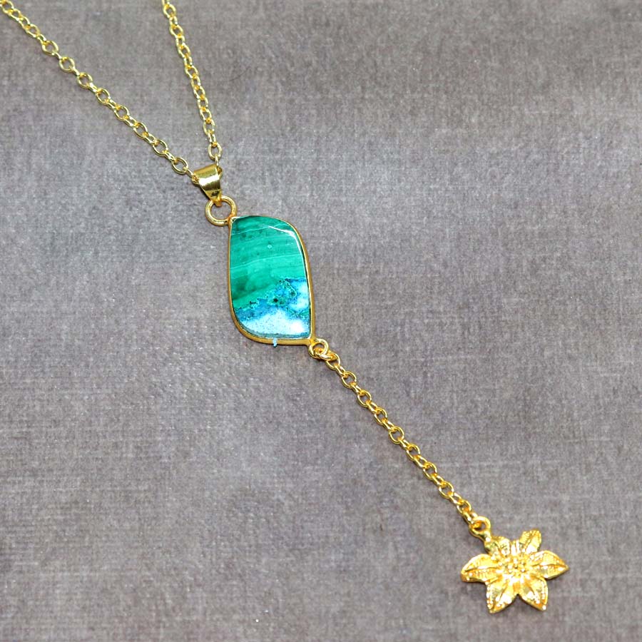 Flower Chrysocolla Malachite Bezel Golden Plated Necklace 18" Boho Jewelry F4m88