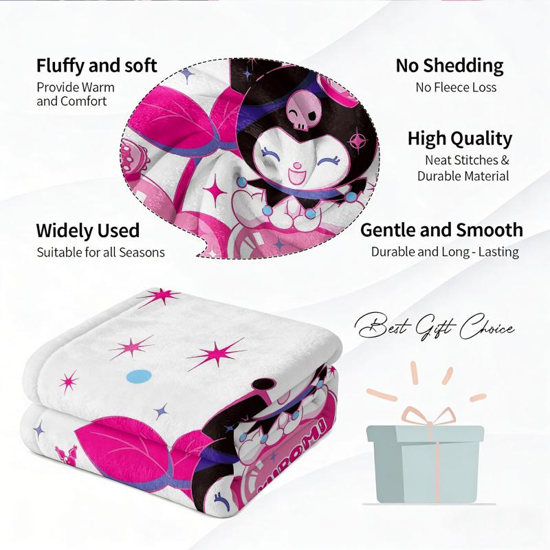 Lovely Kuromi Flannel Blanket Soft Warm Throw Japanese Anime Leg Blanket Camping Office Bedroom School Nap Blanket Summer Quilt