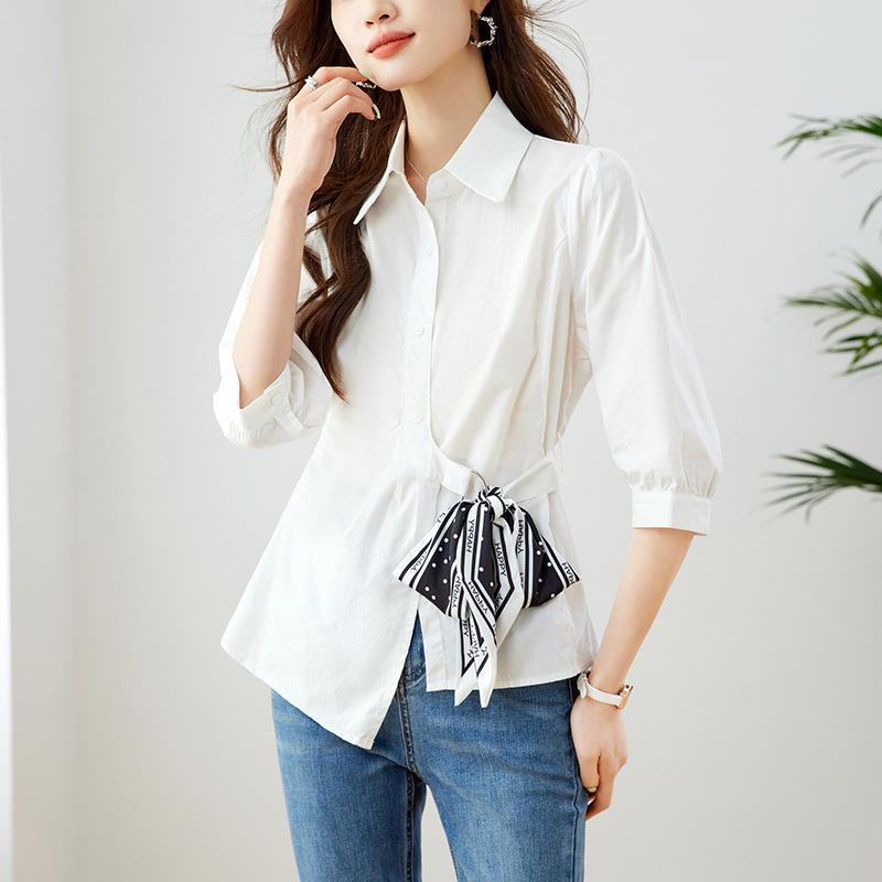 

Белая рубашка женская с рукавом 7/4, летний новый стиль, для работы, свободного кроя, большого размера, асимметричная, приталенная XXL белый