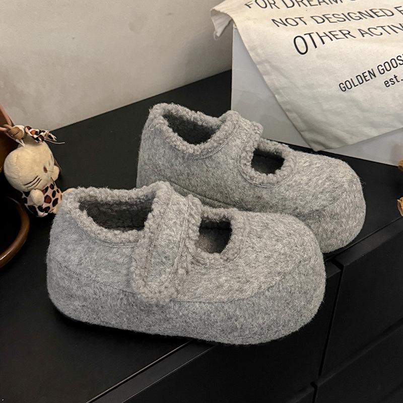 Fashion Velvet Thickened Thick-soled Mary Jane Fluffy Shoes, New Height-increasing Warm Snow Cotton Shoes for Winter Wear