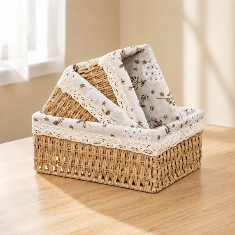 Fabric Lined Storage Basket Set of 3 with Lace Trim, Rectangular Catchall Baskets for Desktop, Entryway, and Dresser