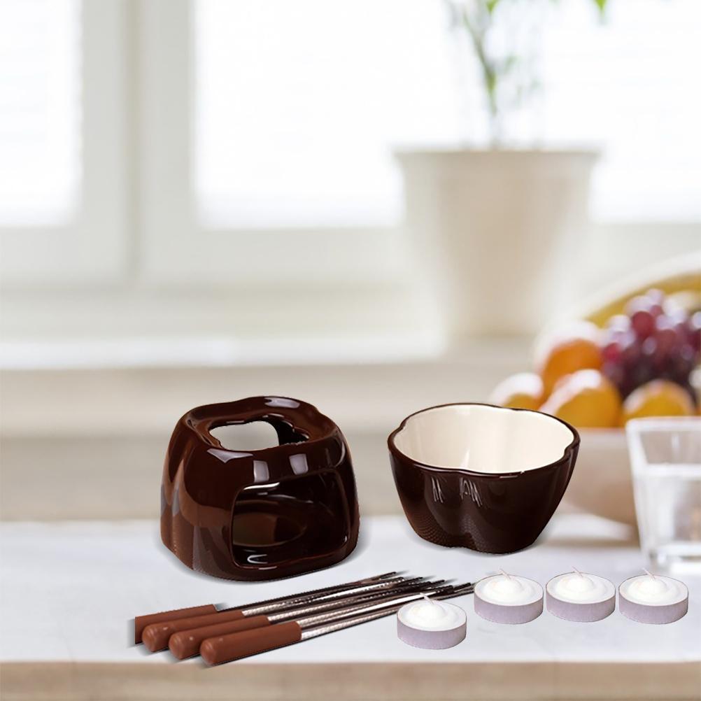 Chocolate Fondue Set Ceramic Pot with 4 Forks & Candles