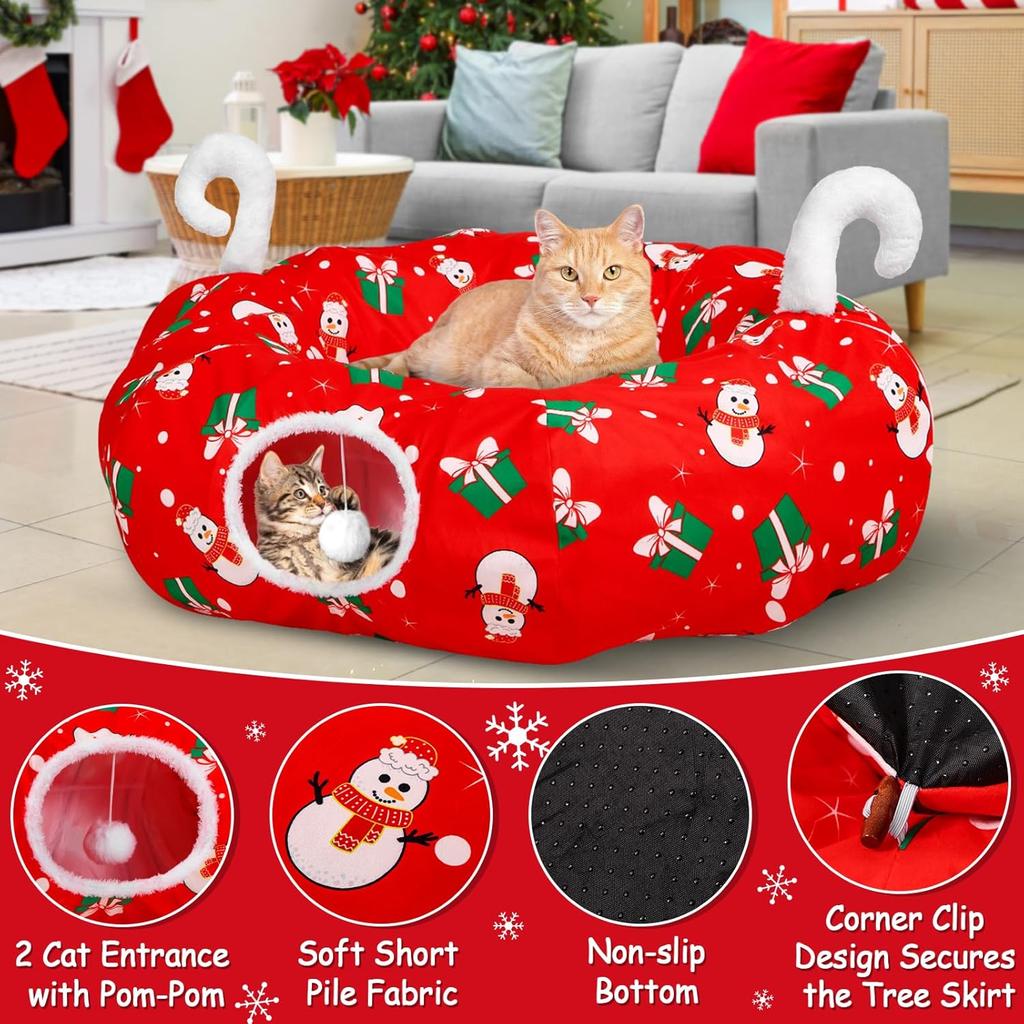 Cat Tunnel Christmas Tree Skirt, 3FT Round Donut with Plush Ball, Red Festive Decor for Small Pets