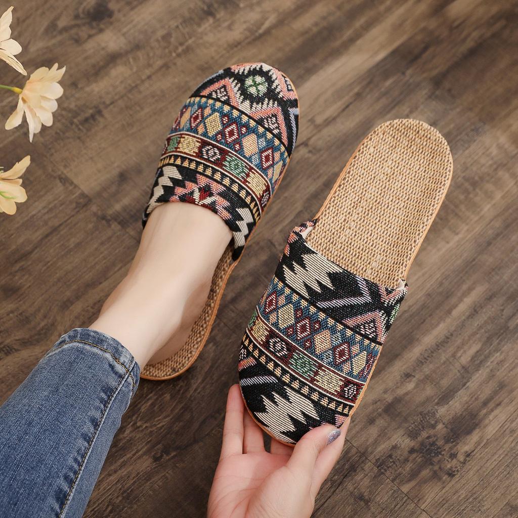 Ethnic Style Rhombus Bag Head Slippers Women's New Cloth Large Size Slippers Wholesale Linen Couple Comfortable Cotton and Linen Home