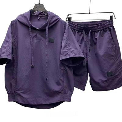 2Pcs/Set Men Summer Outfit Hooded Drawstring Short Sleeve Tops Elastic Waist Pockets Shorts Set Solid Color Loose Fit Tracksuit