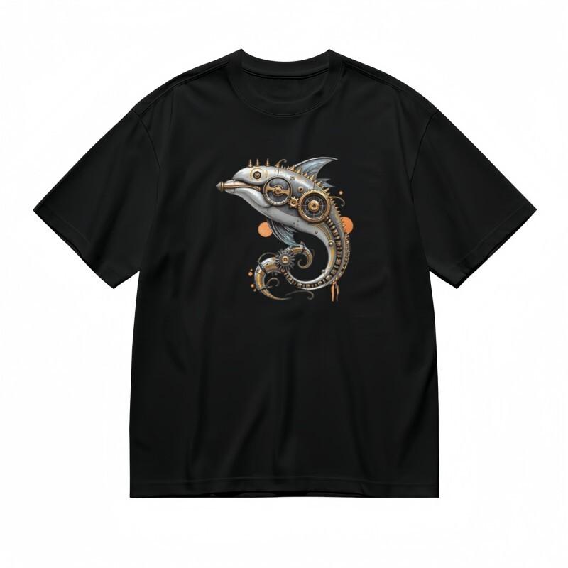 

Women s Trend Classic T-Shirt Mechanical Dolphin Artwork and Orange Drip Accents 4XL