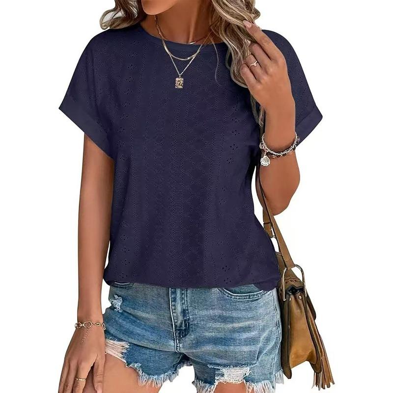 Spring and Summer Round Neck Hollow Out Women Blouse New Loose Short Sleeved T-shirt Solid Color Casual Simple Top Sweet Shirts Ladies Clothing