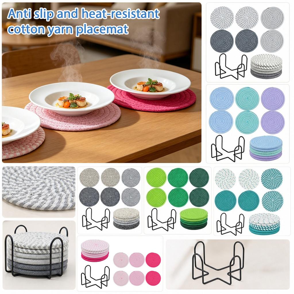 Set of 6 Round Woven Cotton Yarn Placemats with Non Slip Heat Resistant Surface and Metal Storage Rack for Dining Table Protection