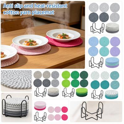Juego de 6 Posavasos Redondos de Hilo de Algodón Tejido con Superficie Antideslizante Resistente al Calor y Estante Metálico de Almacenamiento para Protección de la Mesa de Comedor