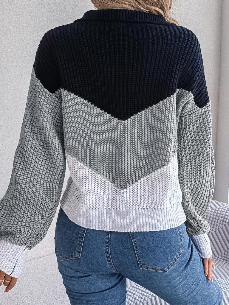 Dámský ležérní svetr Pletený svetr s klopou v kontrastní barvě s dlouhým rukávem