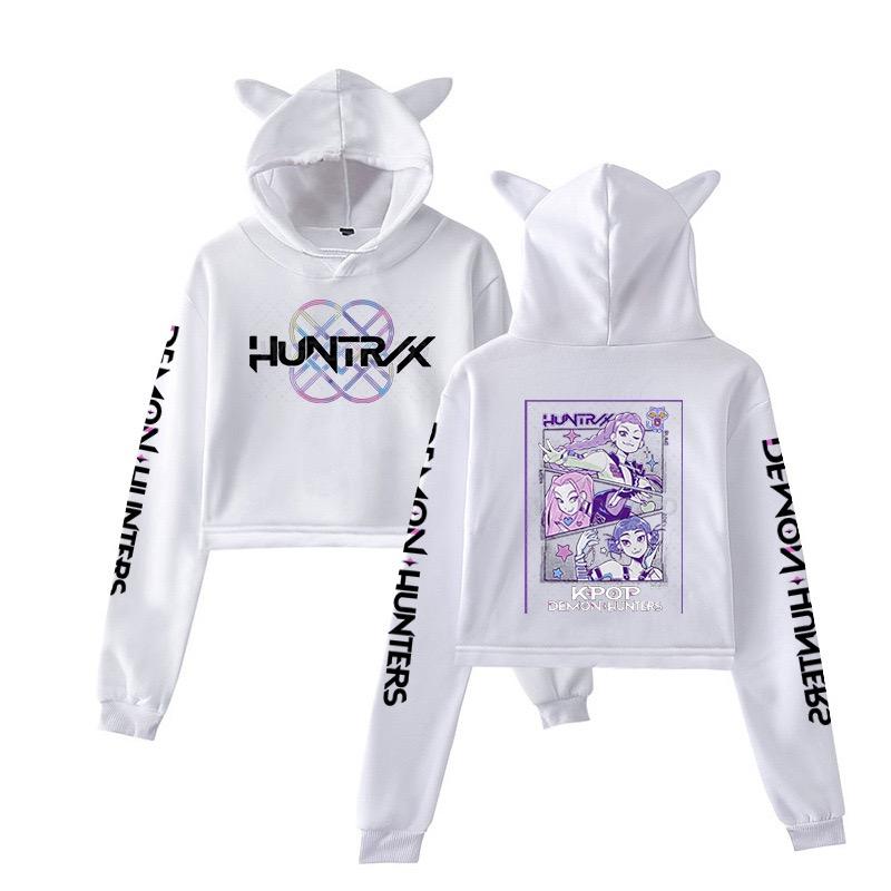 Kpop Demon Hunters Crop Tops Cat Ears Sweatshirt Long Sleeve Girls Fashion Hoodie Autumn Winter