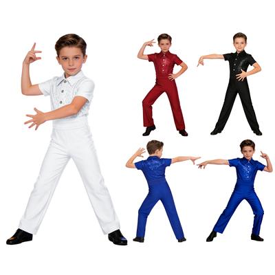 Costum de dans pentru băieți cu guler răsfrânt, mânecă scurtă, paiete strălucitoare, nasturi decorativi, pantaloni lungi, body pentru gimnastică, ținută de dans