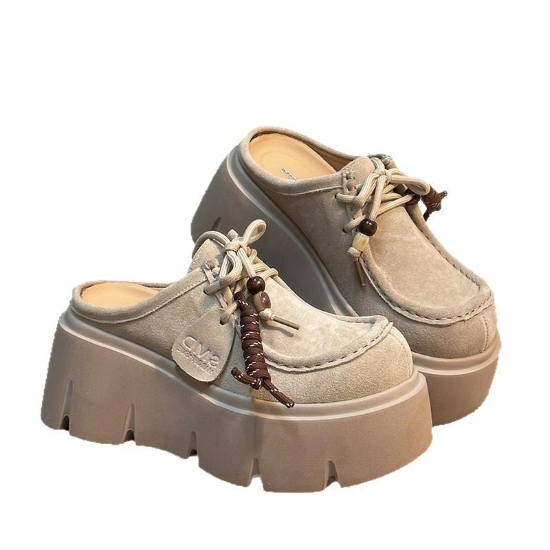 Retro Matte Cowhide Muffin Thick-soled Bag Head Boken Half Slippers Women's 2025 New Small Heightening Loafers