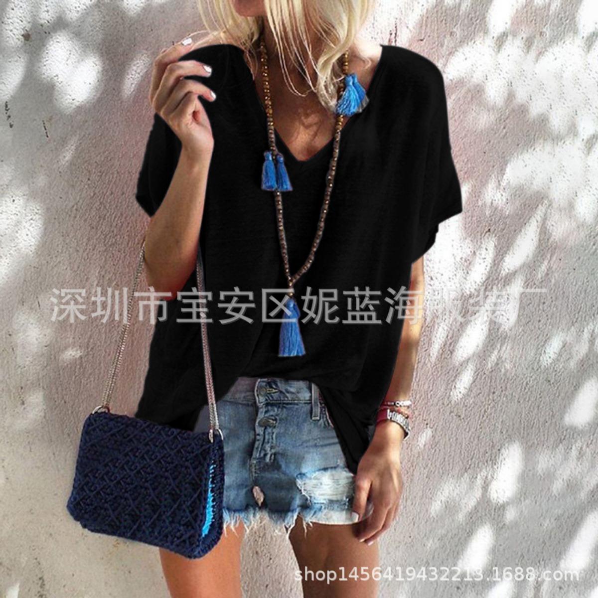 

Summer Candy Color Plus Size Loose V-neck Short Sleeve T-shirt for Women Casual Light Streetwear Top S чёрный