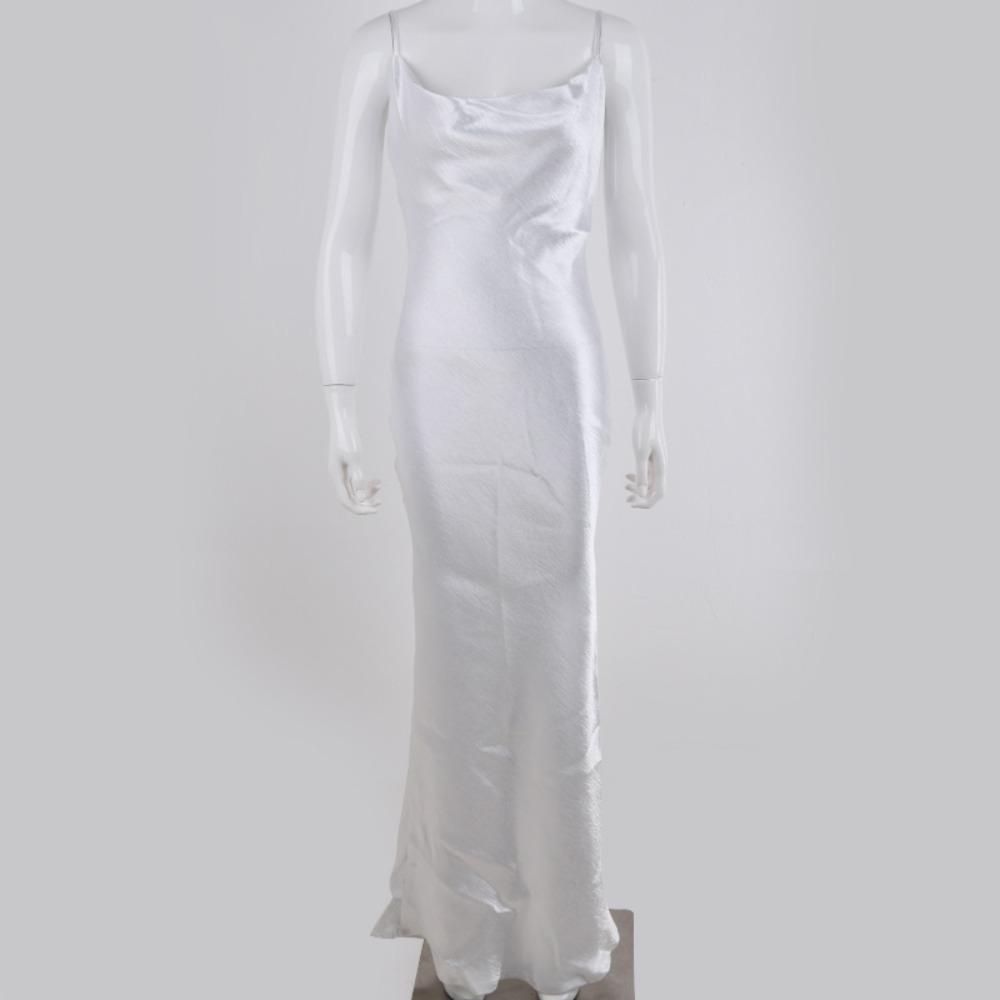 Women's Cowl Neck Sleeveless Midi Dress Fitted High Waist Elegant Satin Spaghetti Strap Backless Evening Dress