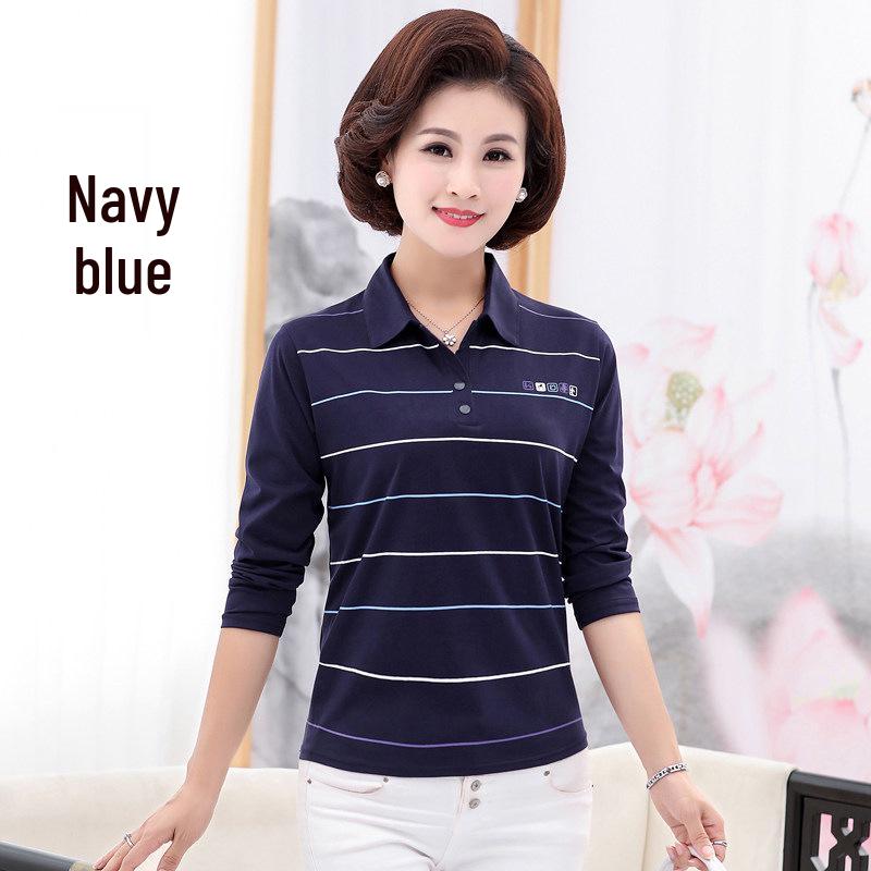 

2026 Spring/Autumn Plus Size Cotton Long Sleeve Striped Lapel T-Shirt for Middle-Aged & Elderly Women XL (48-52 kg) темно-синього кольору