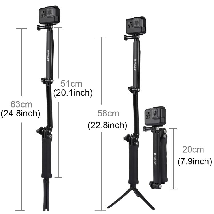 PULUZ 3-Way Grip Treppiede pieghevole Selfie-stick Estensione Monopiede per GoPro, Insta360 ONE R, DJI Osmo Action e altre action camera, lunghezza: 20-58 cm