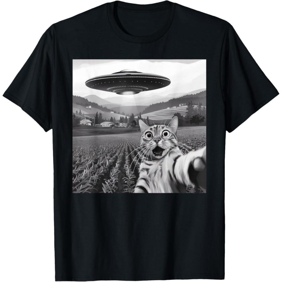 Кот селфи с инопланетным НЛО Подарки с котами для мужчин женщин детей Футболка(1) S