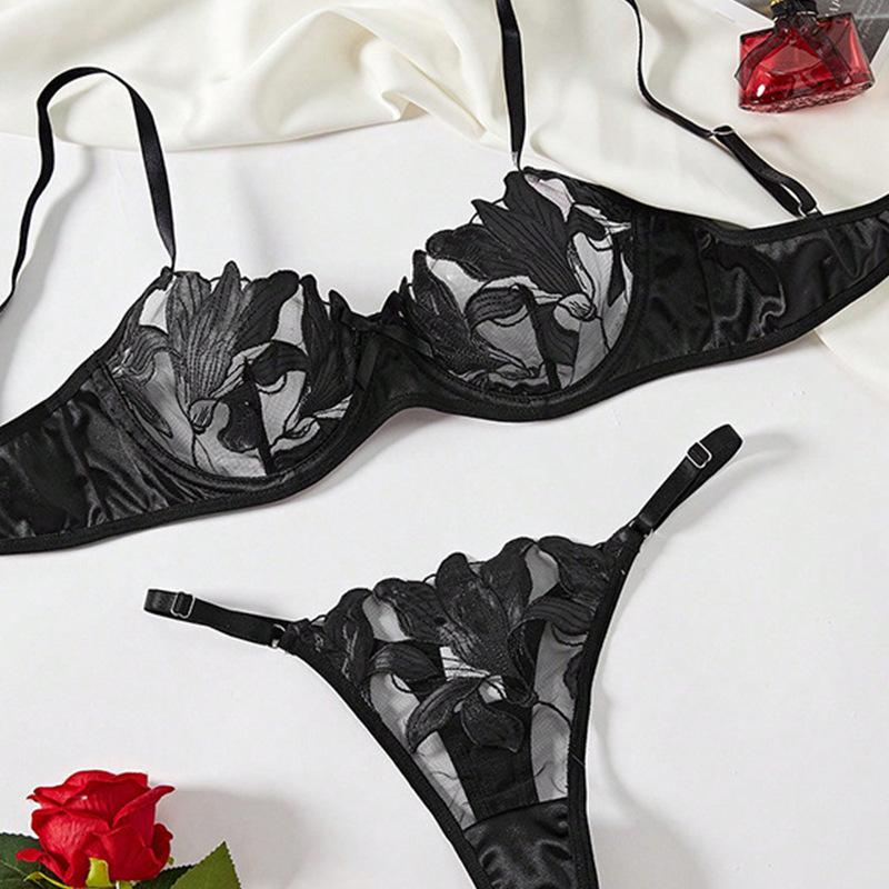 Sweet Lace Embroidered Mesh See-Through Lingerie Set
