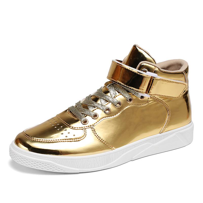 Fashion Fashion Golden Men's Mirror Shoes Couple Glitter Leather Men High Sneakers Large Size 48 Casual Sneakers Men Flats basket homme