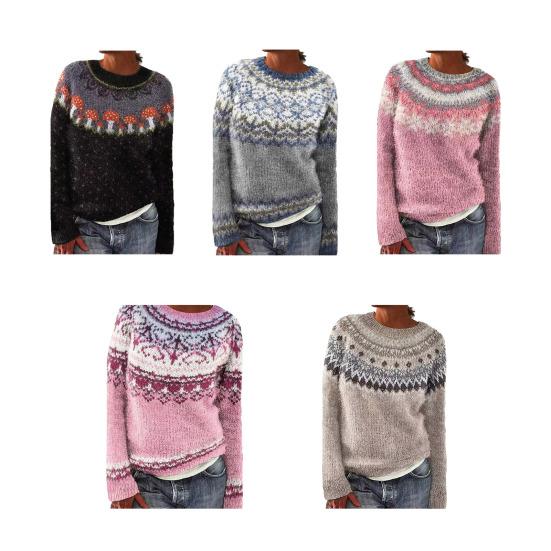 Women Sweater O-Neck Long Sleeve Geometric Pattern Patchwork Color Knitting Tops Loose Fit Crochet Tops
