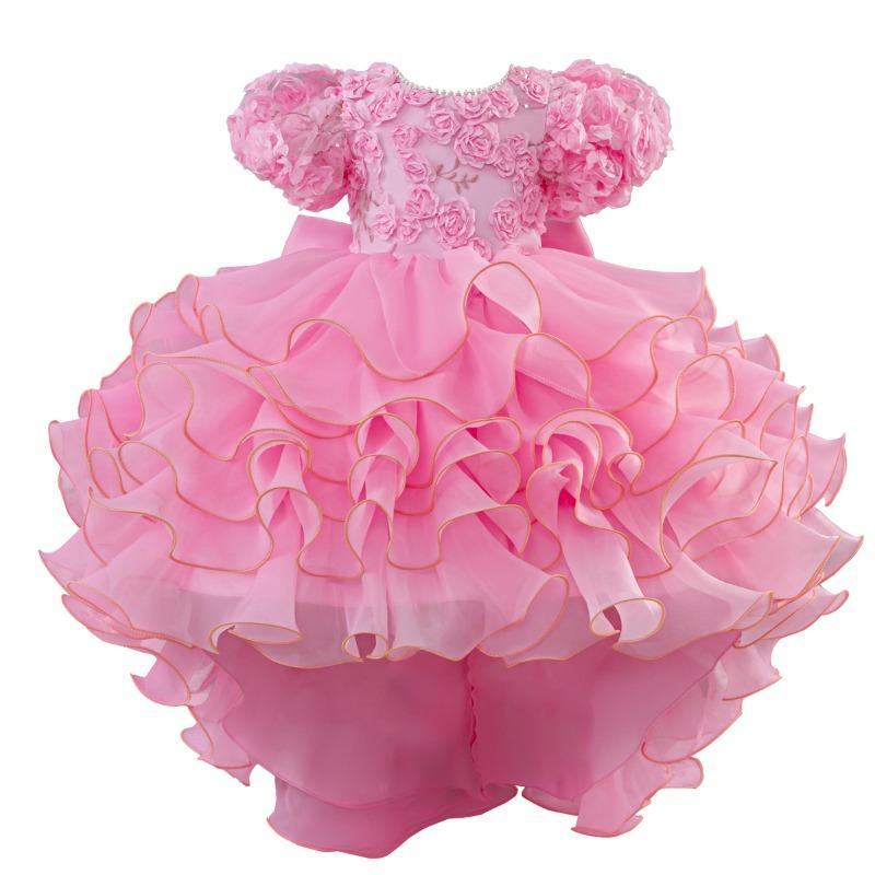 Rochie elegantă pentru copii cu mâneci bufante, broderii, o trenă și o fustă de prințesă pe straturi – perfectă pentru petreceri de ziua de naștere și ca rochie de domnișoară de onoare