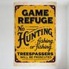 Vintage Game Refuge Metal Sign No Hunting Fishing Prohibition Trespassers Will Be Prosecuted Rustic Tin Sign with Yellow Backgro