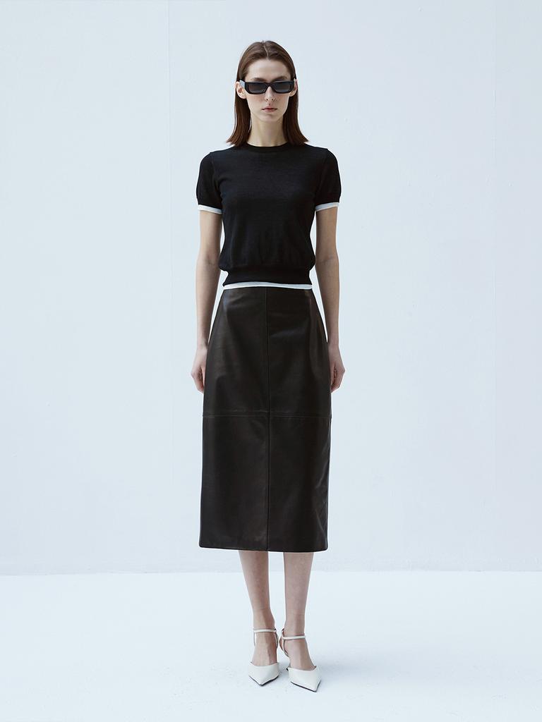 Beleudemaleu European Lambskin Straight Midi Skirt