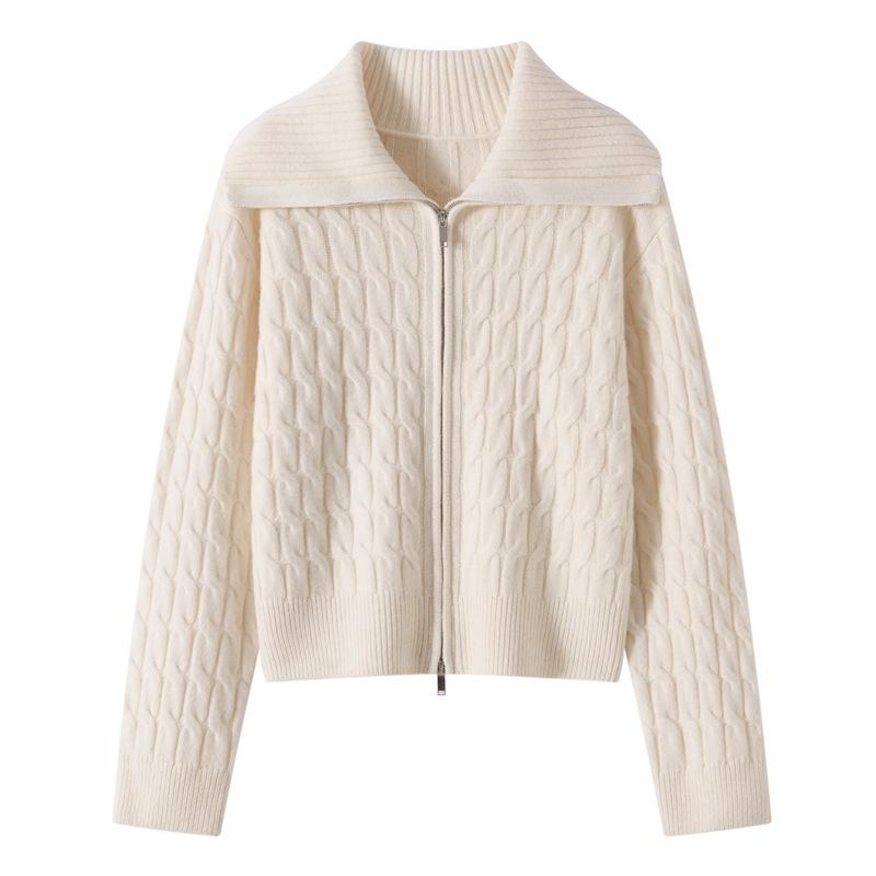 Women's Retro Cable Knit Wool Coat with Double Zipper & Lapel, Thick Knit Long Sleeve for Autumn & Winter
