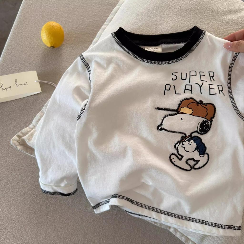 Boys Long Sleeve Cotton T Shirt with Cartoon Embroidery for Spring Autumn