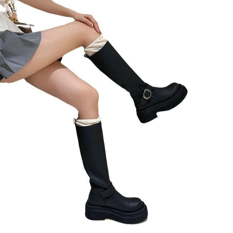 New spot belt buckle but knee boots women's 2025 autumn and winter round head versatile thick sole heightening black tall tube