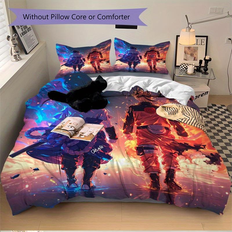 3pcs Naruto vs Sasuke Anime Theme Printed Quilt Set - Soft and Comfortable Quilt Cover for Bedroom, Guest Room and Dormitory Decorative Bedding Set 1